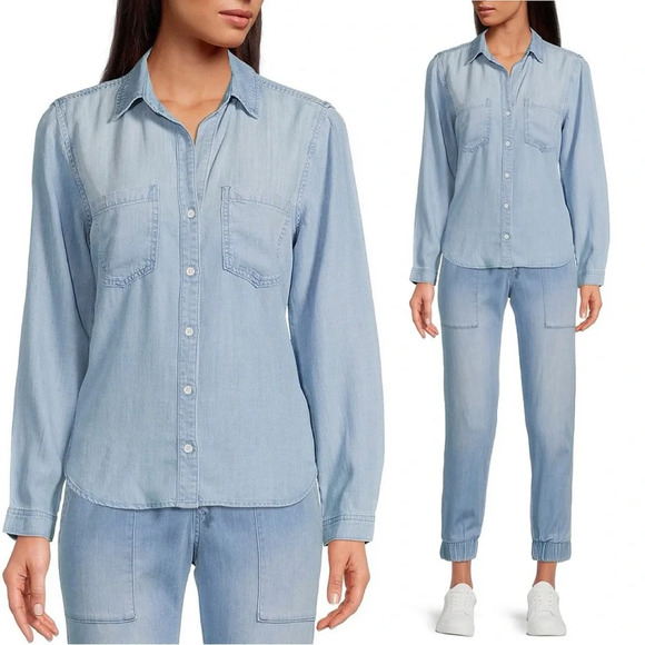 Cloth & Stone Long Sleeve Point Collar Chambray Denim Shirt Button Front Blue L - Picture 1 of 16